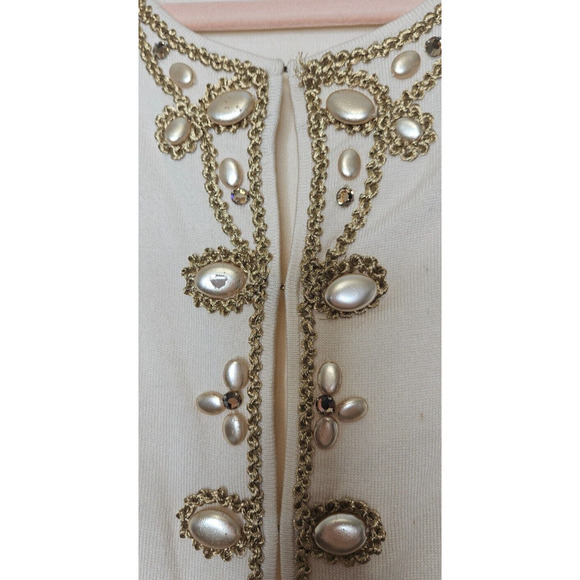 Cynthia Steffe Cardigan Sweater Womens Small Ivory Gold Beaded Silk Coquette - Picture 4 of 11